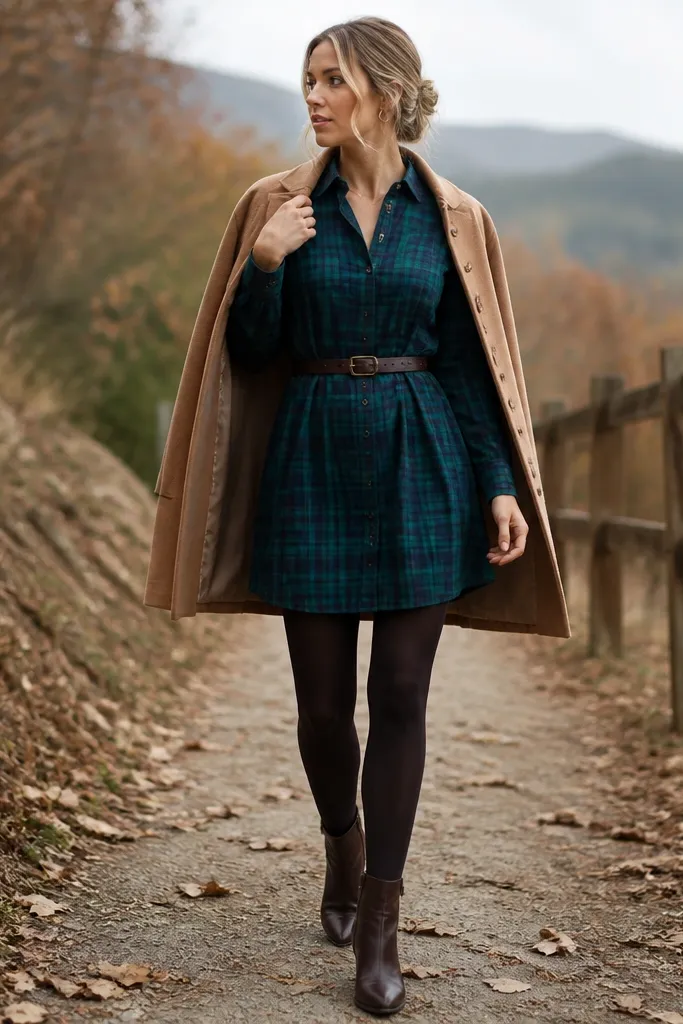 A teal flannel shirt dress cinched with a belt at the waist, worn with tights and ankle boots; the model carries a warm outer layer draped over the shoulders.