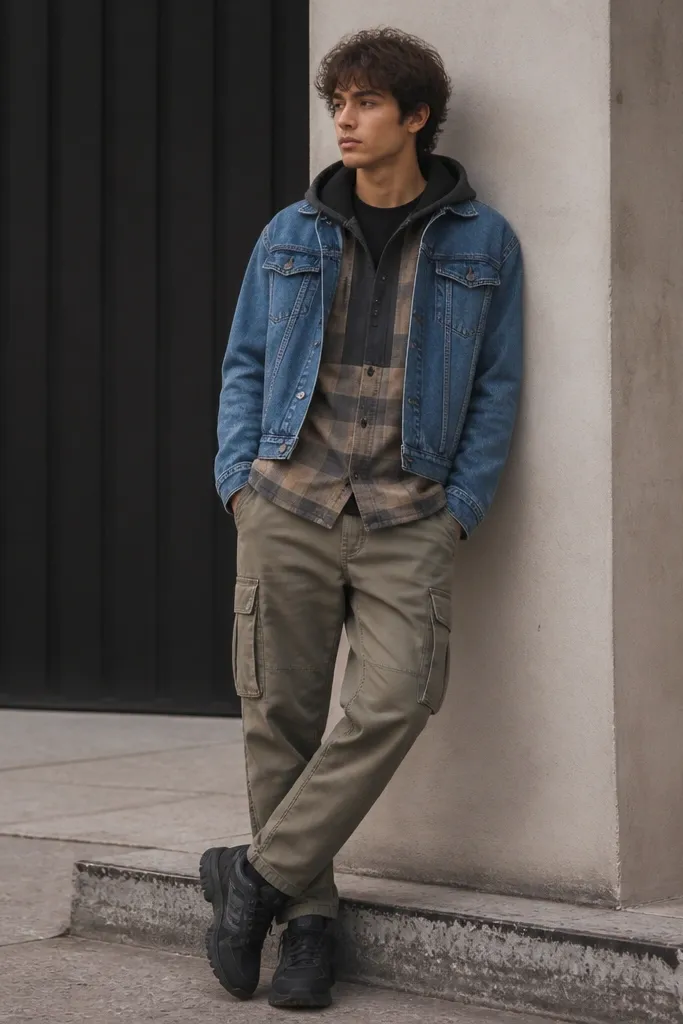 A two-tone flannel hoodie layered under a denim jacket, with cargo pants and dark sneakers; the outfit shows multiple textures without heavy pattern overload.