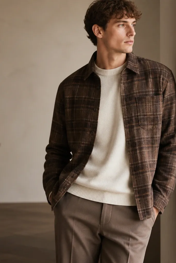 A brown flannel shirt worn over a cream sweater, paired with straight brown or taupe trousers; the image focuses on layered neutrals and a tidy, minimalist look.