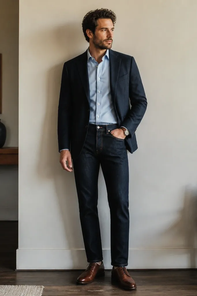 A navy blazer layered over a light blue Oxford button-down, sleeves neatly down. The pants are dark indigo jeans with a straight leg. Brown leather derby shoes and a minimal watch complete the look.