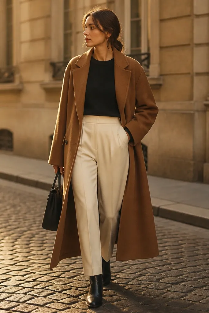 A black crewneck sweater paired with high-waisted cream trousers, layered under a camel-brown overcoat. The shoes are black leather boots. The image shows a street scene with warm, golden lighting.