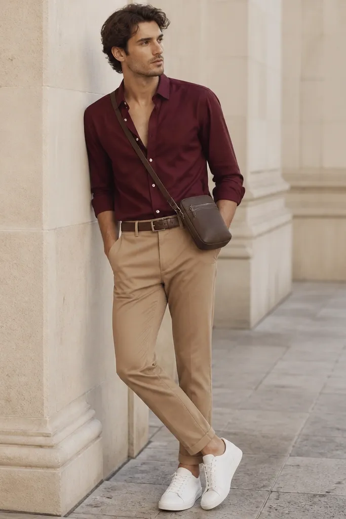 A burgundy button-down shirt worn slightly open at the collar, tucked into tan chinos. The shoes are clean white low-top sneakers. A casual belt and a small crossbody bag sit at the waist.