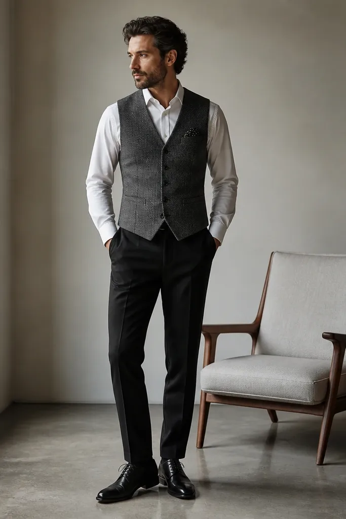A textured gray wool vest over a crisp white dress shirt, paired with black trousers. The vest has a subtle herringbone look. The man wears black oxfords and a pocket square.