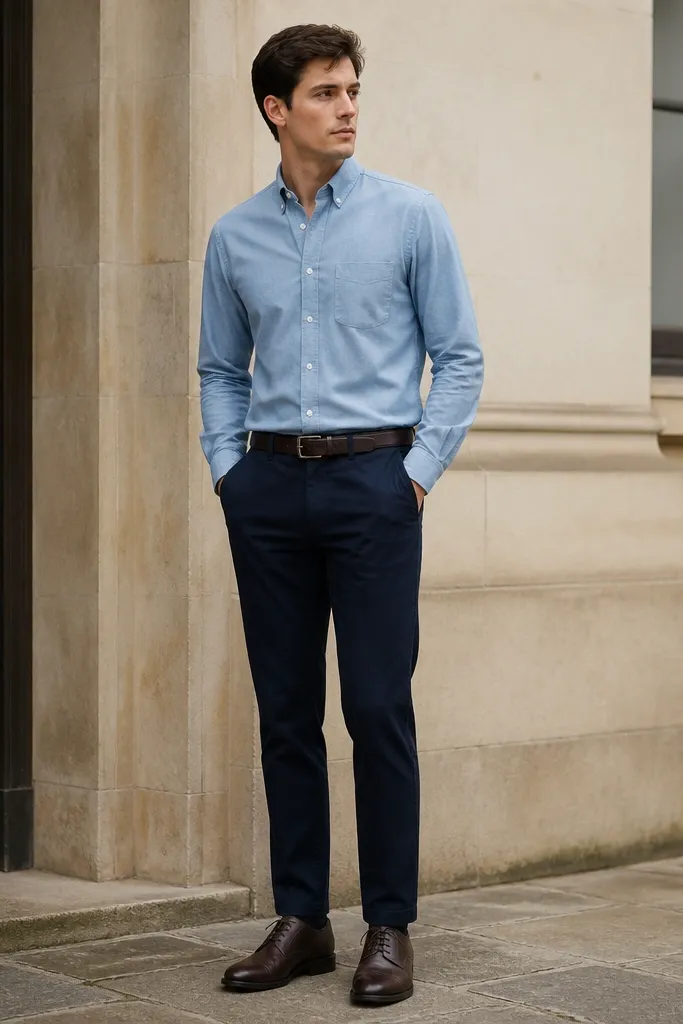 A light blue chambray shirt worn with sleeves down, paired with navy tapered trousers. Dark brown derby shoes and a belt with a simple buckle finish the look. The setting appears outdoors with neutral tones.