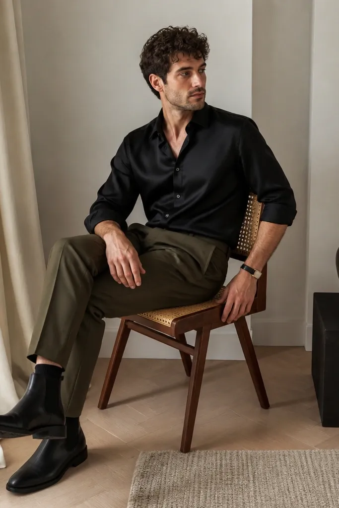 A black satin-blend shirt with a soft sheen (not glossy) paired with olive chino-style trousers that look slightly more tailored. The man wears black Chelsea boots and a thin watch strap.