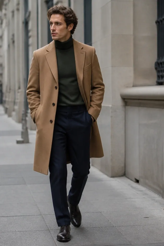 A camel overcoat worn over a dark green mock neck knit, paired with navy wool trousers. The shoes are dark leather lace-ups. The scene is a city sidewalk with cooler, muted colors.