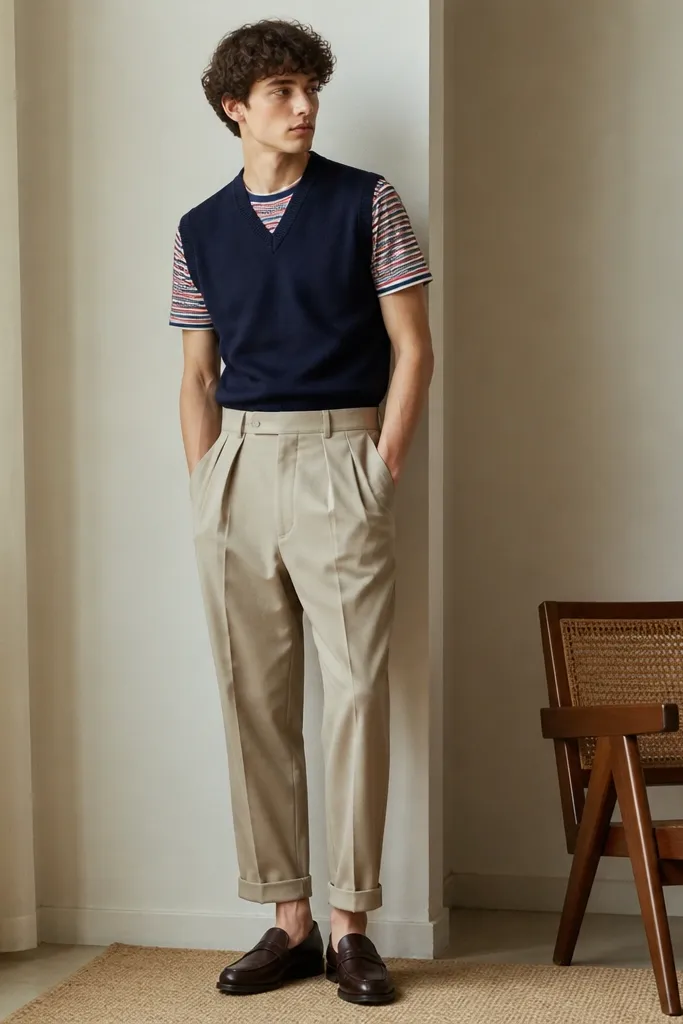 A navy sweater vest over a red-white-blue striped tee, worn with high-waisted pleated trousers in stone, cuffed ankle length, and loafers.