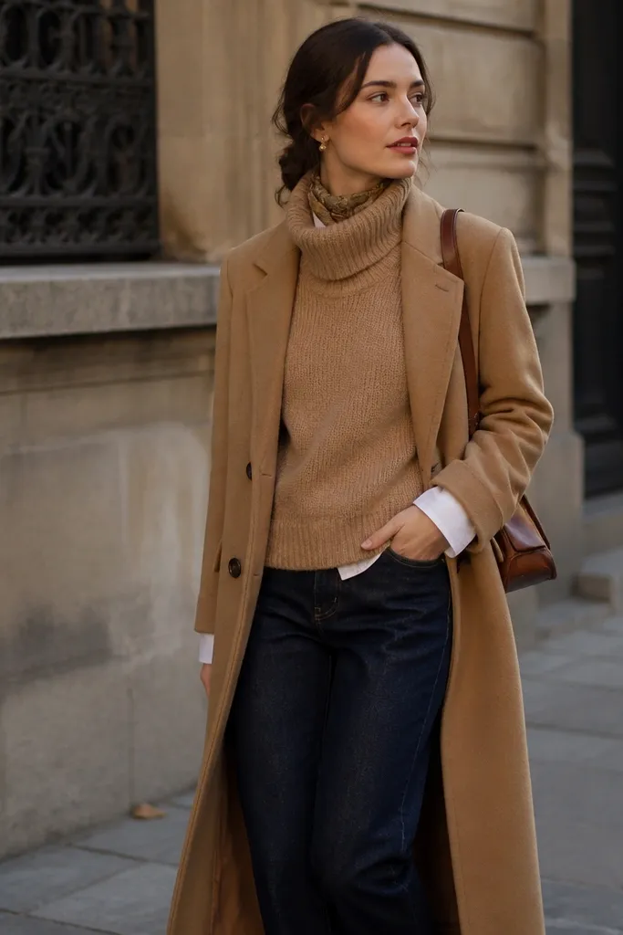 A camel turtleneck sweater vest layered under a long camel coat, paired with dark indigo straight-leg jeans, a brown leather shoulder bag, and a warm scarf peeking at the collar.