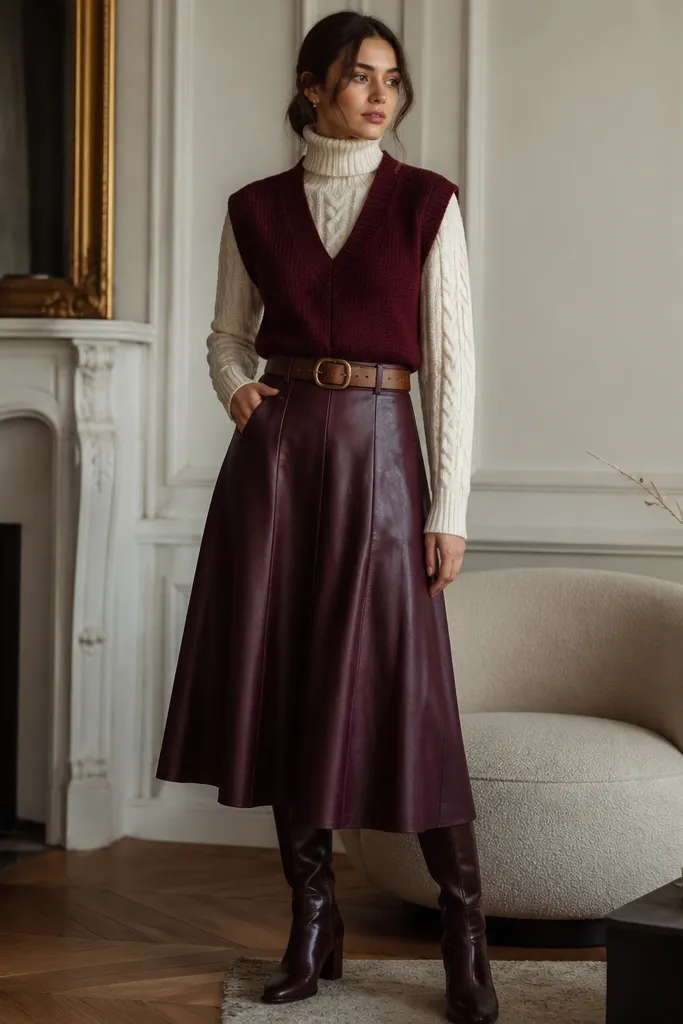 A burgundy sweater vest over a cream cable-knit turtleneck, paired with a wine-red or plum midi skirt, with knee-high boots and a chunky belt at the waist.
