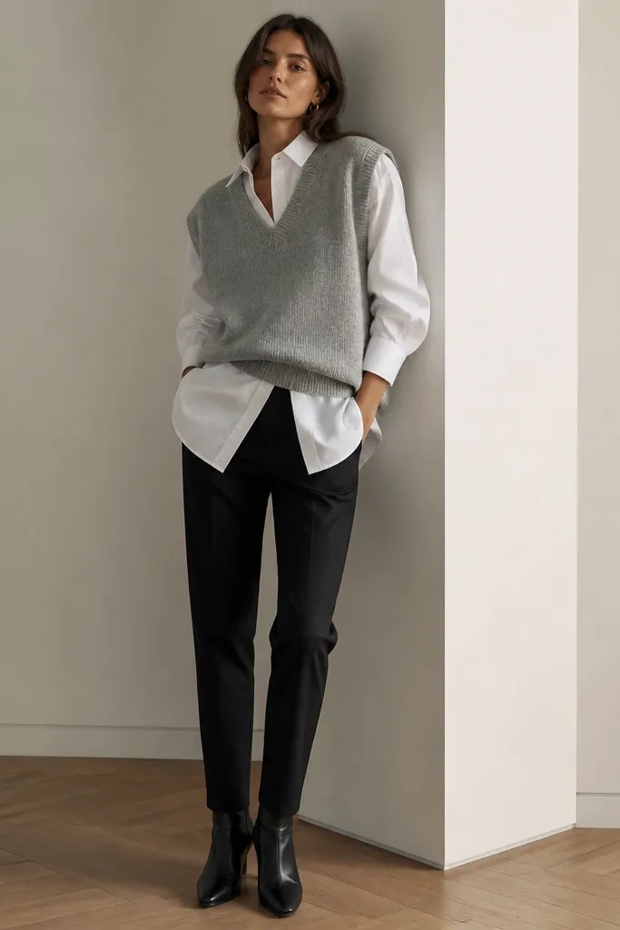 A heather grey sweater vest layered over an oversized white shirt worn partially untucked, paired with slim cigarette trousers in black, and sleek ankle boots.