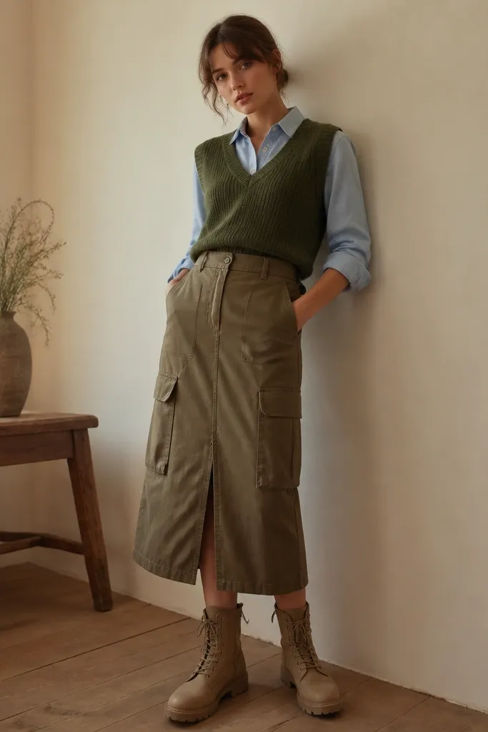 An olive green sweater vest over a light blue oxford shirt, with the shirt sleeves rolled, tucked into a utility-style midi skirt with cargo pockets, and tan lace-up boots.