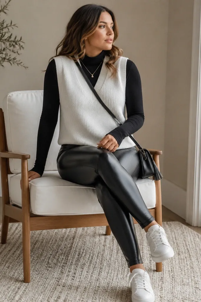 A white sweater vest over a black mock-neck fitted top, paired with black leather-look leggings, and white sneakers; small silver necklace and a crossbody bag.