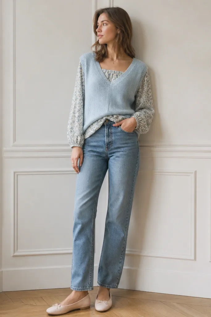 A powder blue sweater vest over a floral square-neck blouse, with the blouse tucked at the front, paired with medium-wash straight jeans and ballet flats.