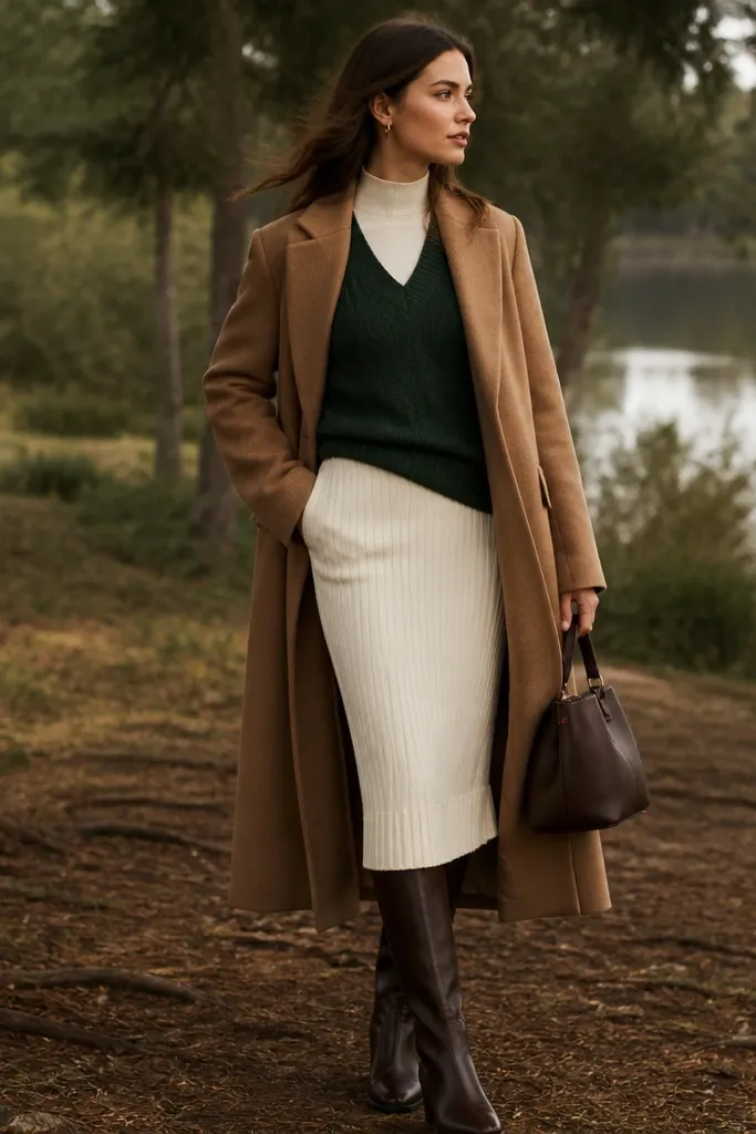 A forest green sweater vest worn over a cream fitted top, paired with a cream knit skirt, plus knee-high boots and a long coat in camel.