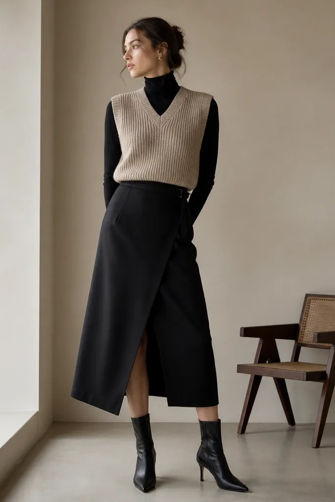 A ribbed sand sweater vest over a fitted black turtleneck, styled with a black wrap midi skirt and heeled ankle boots; a thin belt is visible at the wrap tie.