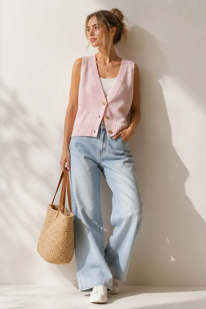 A pastel pink sweater vest over a white knit tank, paired with light wash wide-leg jeans, white low-top sneakers, and a straw tote bag.
