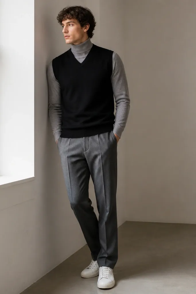 A black sweater vest layered over a heather-gray knit turtleneck. The turtleneck is fully visible at the neck and slightly at the cuffs. The pants are medium-gray straight-leg trousers with a subtle crease; shoes are sleek white sneakers.