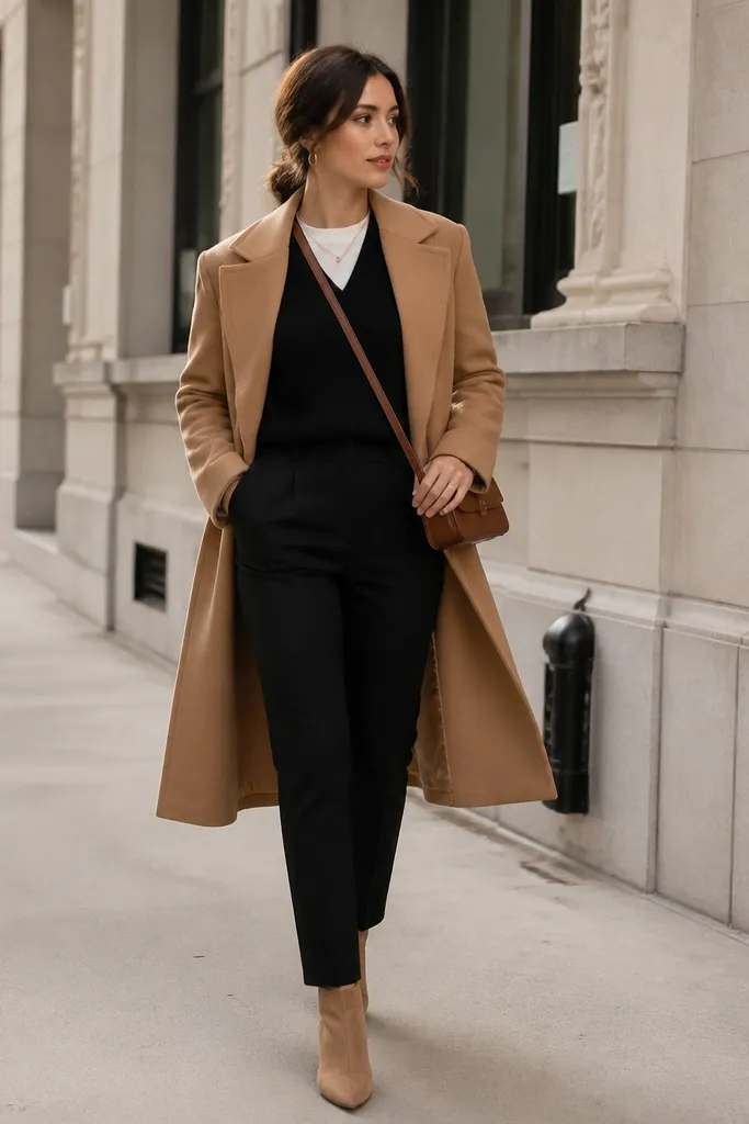 A black sweater vest over a cream fitted crewneck tee. Layered on top is a camel overcoat with wide lapels. The pants are black slim trousers, and the shoes are tan ankle boots. A small crossbody bag sits at the hip.