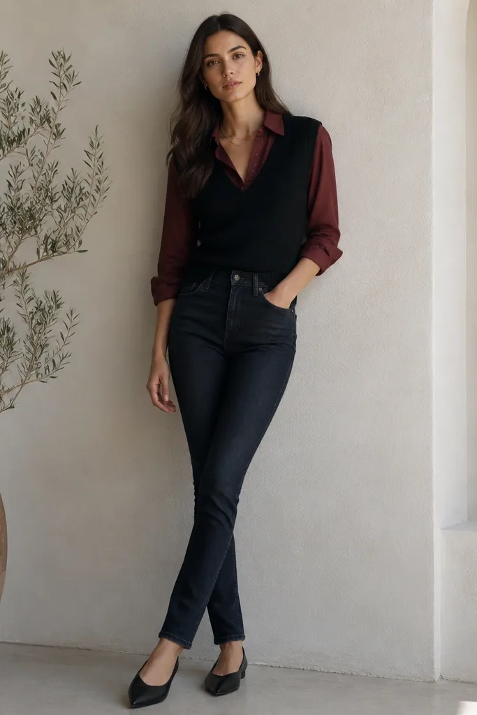 A black sweater vest over a burgundy button-down with the top two buttons undone. The shirt is tucked into dark-wash skinny jeans. A gold chain necklace sits above the collar, and the shoes are black pointed-toe flats.