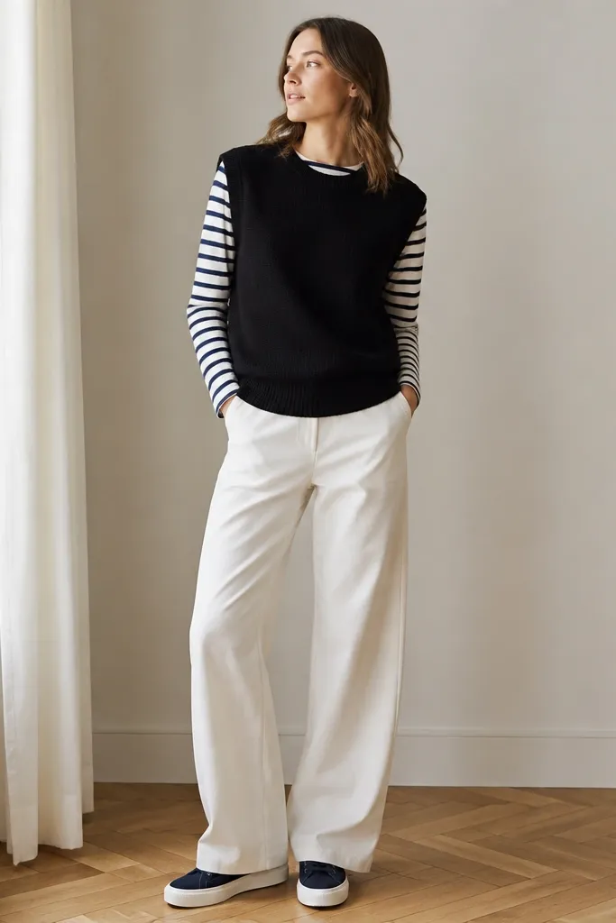 A black sweater vest worn over a navy-and-white striped long-sleeve Breton shirt. The stripes peek out at the collar and along the cuffs. The outfit includes white wide-leg pants and navy sneakers with white soles.