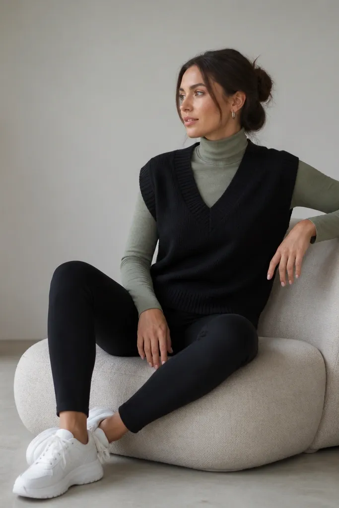 A black sweater vest layered over a sage green fitted turtleneck. The turtleneck covers the neck and peeks slightly at the wrists. The pants are black leggings or slim trousers, and the shoes are white chunky sneakers. Minimal silver hoop earrings are visible.