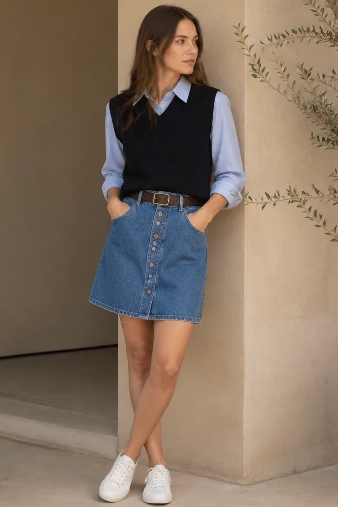 A black sweater vest over a light blue Oxford shirt with the collar visible and sleeves rolled. The bottom is a mid-thigh denim skirt with a button front. The shoes are white low-top sneakers, and there’s a leather belt at the waist.