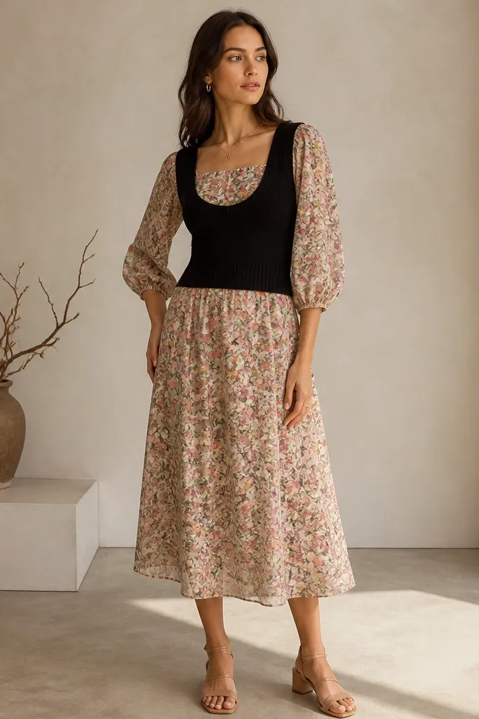A black sweater vest layered over a floral midi dress with a square neckline. The floral pattern includes muted pink and beige tones. The vest sits snugly at the waist, and the skirt falls to mid-calf. Shoes are tan block-heel sandals.