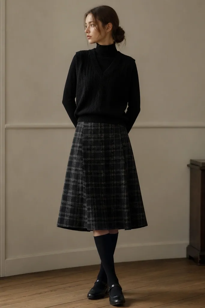 A black sweater vest over a black long-sleeve top. The skirt is a monochrome black-and-gray plaid midi with a slight A-line shape. The outfit includes black knee-high socks and black Mary Jane shoes.