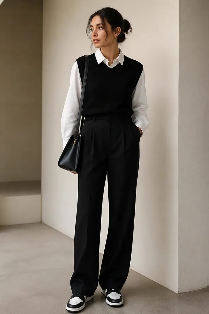 A black sweater vest over a white button-up with the collar neatly folded down. The pants are black wide-leg tailored trousers with a high waist. The shoes are black-and-white leather sneakers, and a structured black bag hangs on the shoulder.