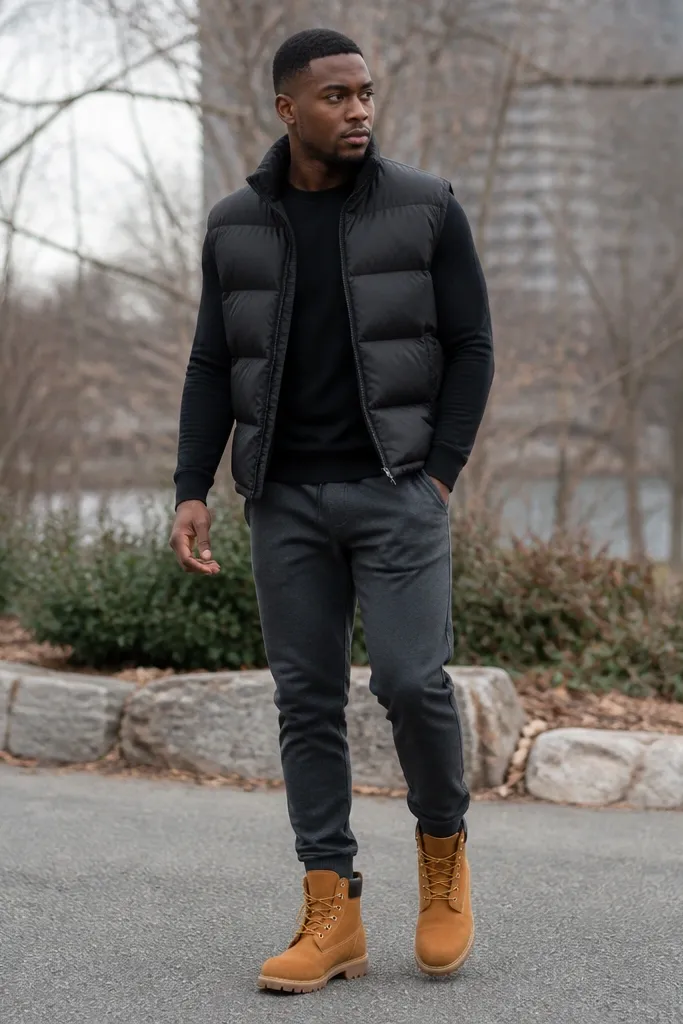 Black puffer vest over a fitted black long-sleeve, charcoal tapered joggers, and classic brown Timberland boots, photographed outdoors on pavement.