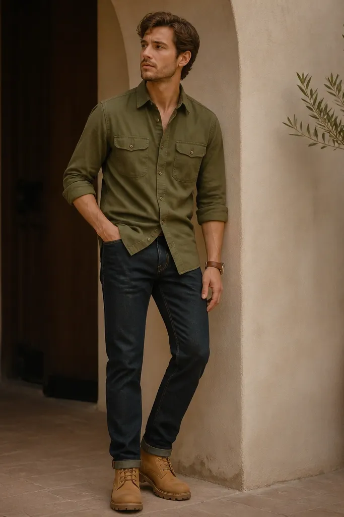 An olive button-up utility shirt worn half-tucked into dark straight jeans, with wheat Timberland boots and a brown leather watch.