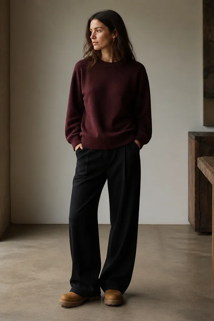 A deep burgundy knit sweater over black wide-leg trousers, with brown Timberland boots and the pants skimming the top of the boot.