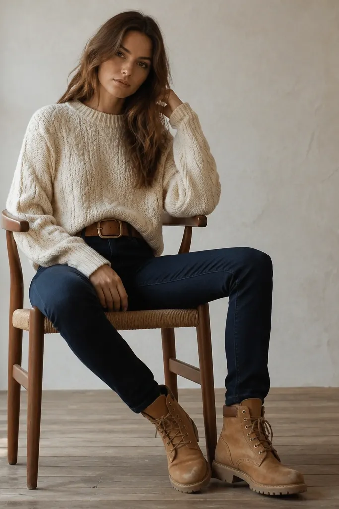 A cream cable knit sweater with a cognac leather belt, slim dark jeans, and tan Timberland boots with visible laces and scuffed-but-clean leather.