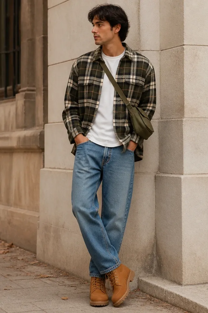 A plaid overshirt layered over a white tee, mid-wash straight jeans, and chestnut-colored Timberland boots, with a crossbody bag.