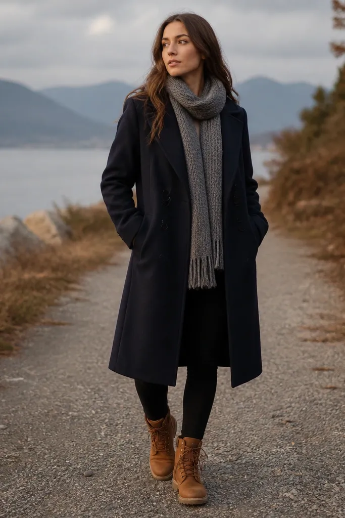 A navy long coat over black leggings, with brown Timberland boots and a knit scarf draped down the front.