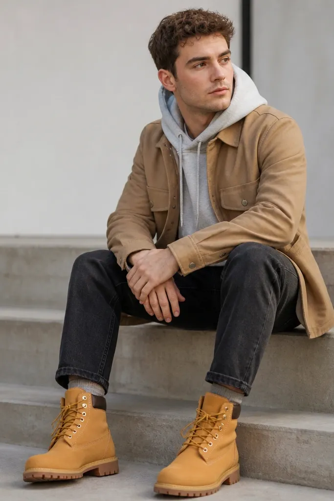 A light gray hoodie under a tan overshirt, cropped dark jeans showing the boot tops, and wheat Timberlands.