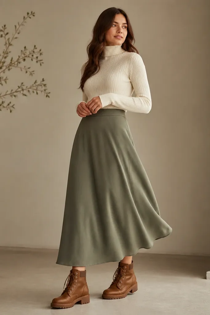 A sage green midi skirt with a soft flow, a cream turtleneck tucked in, and brown Timberland boots with a slight stack at the hem.