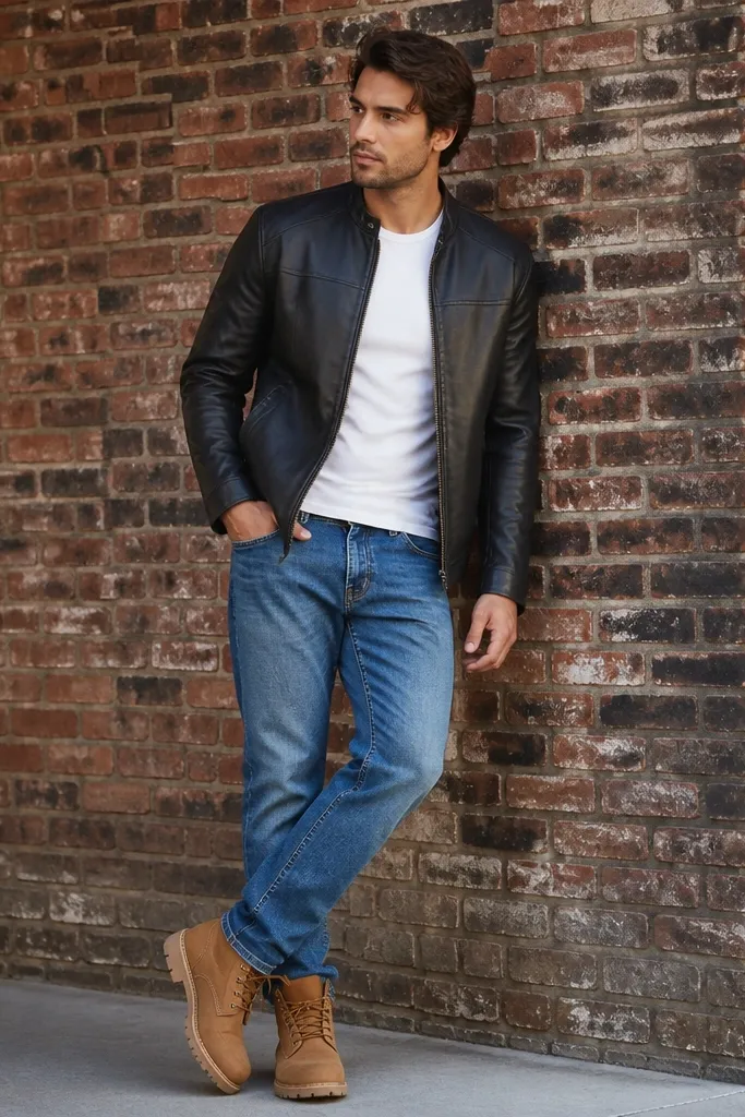 A black leather jacket over a crisp white tee, straight blue jeans, and classic brown Timberland boots on a brick wall backdrop.