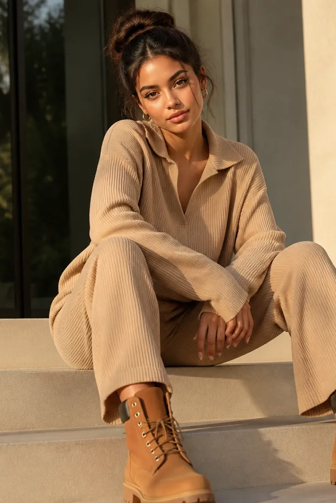 A tan knit set (top and pants), brown Timberland boots, and small gold hoop earrings, photographed in warm sunlight.