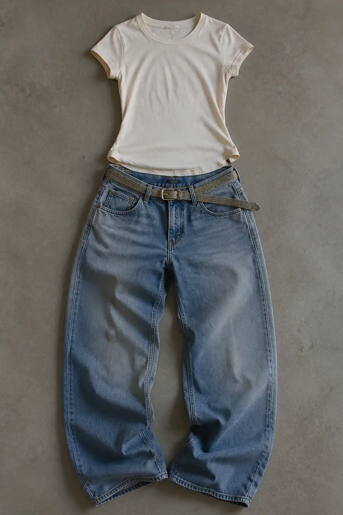 A flat-lay style image: a fitted baby tee in washed white, low-rise baggy jeans in medium blue, and a thin mesh belt with a small metallic buckle. The waistline sits low with a clean, intentional drape.