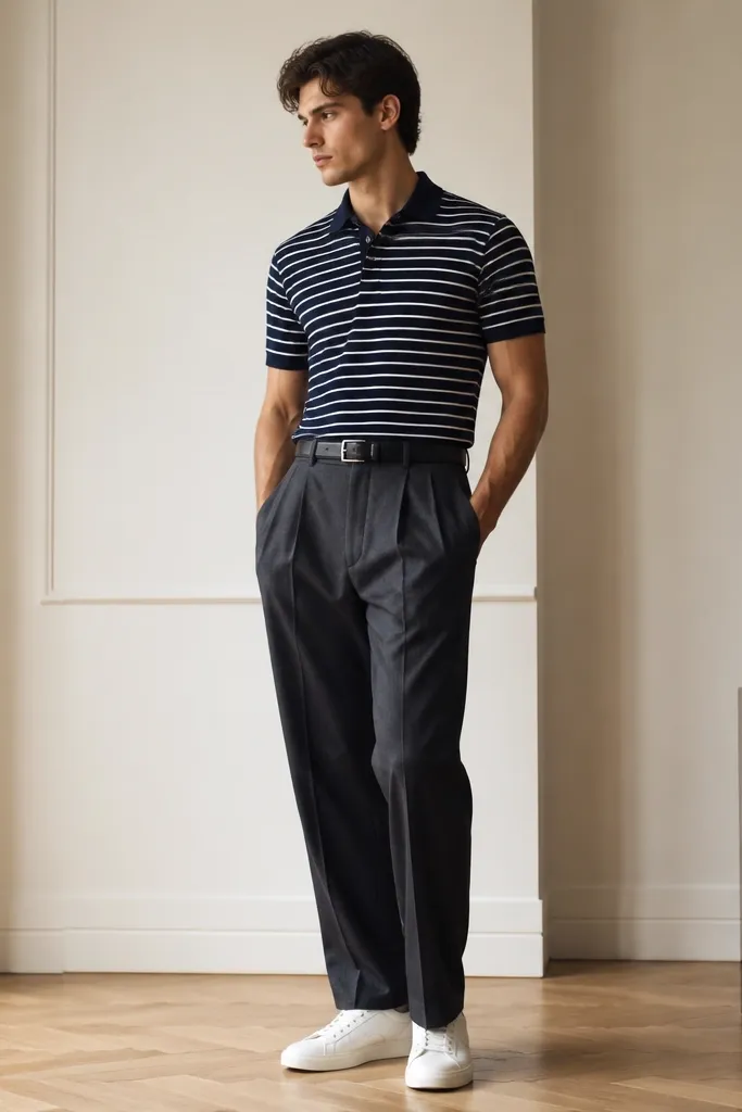 A mannequin or model photo featuring a navy-and-white striped polo shirt, pleated track pants in charcoal with a soft sheen, and a glossy black belt. The outfit looks polished with clean sneakers.