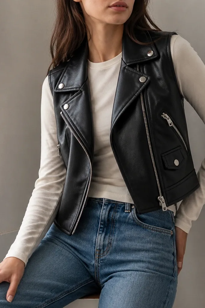 A close-up outfit photo: a black faux-leather moto vest with zipper details over a fitted long sleeve tee in cream. The vest has a slightly cropped length, and the wearer pairs it with straight-leg jeans.