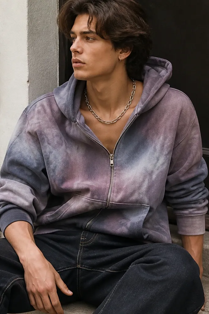 A street-style image: a zip hoodie in muted tie-dye (lavender, gray, and faded blue), structured dark jeans, and a chunky silver chain necklace. The hoodie is worn half-zipped with sleeves slightly bunched.