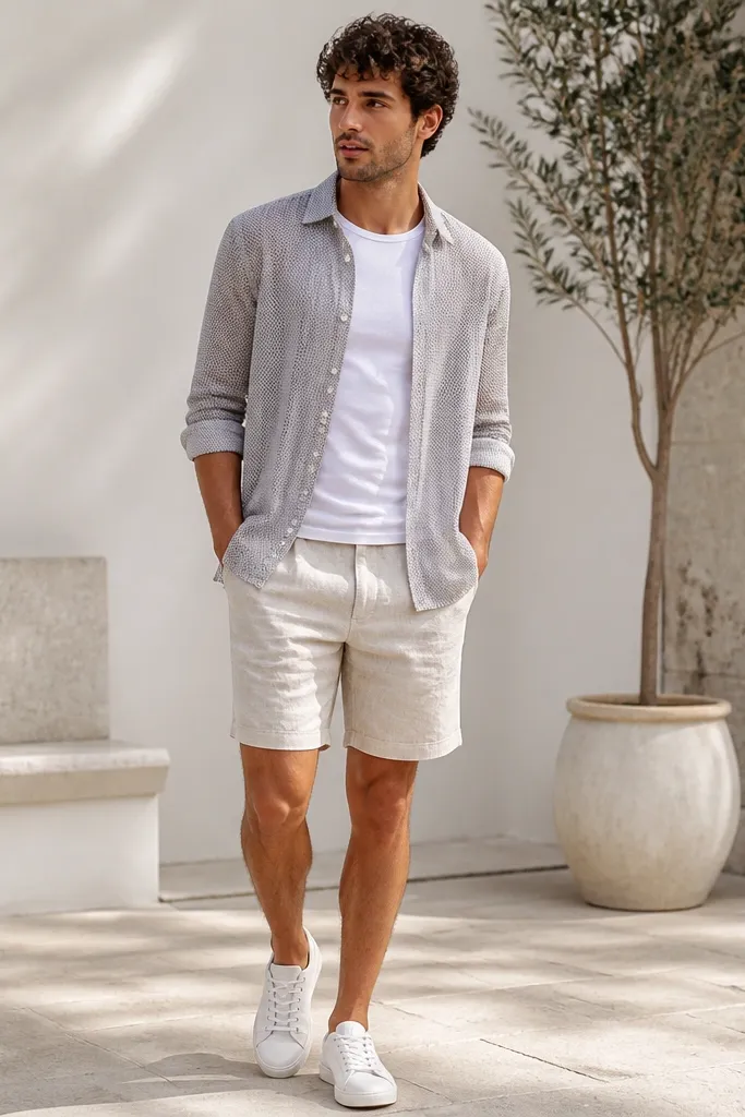 A summer outfit shot: a sheer mesh button-up in pale gray worn over a white fitted tee, paired with light linen shorts and clean white sneakers. The mesh has a subtle pattern and the sleeves are rolled to the forearm.