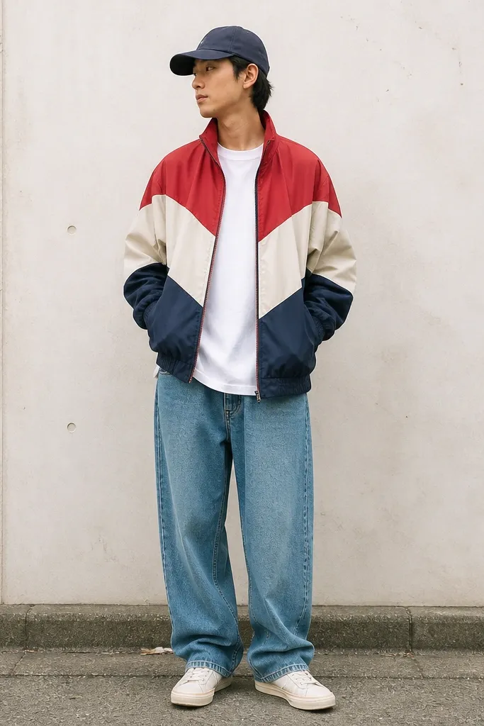 A full-body photo: a color-block windbreaker with panels in red, cream, and navy, worn over a plain tee. Baggy medium-wash denim jeans and a curved-brim retro cap complete the look.
