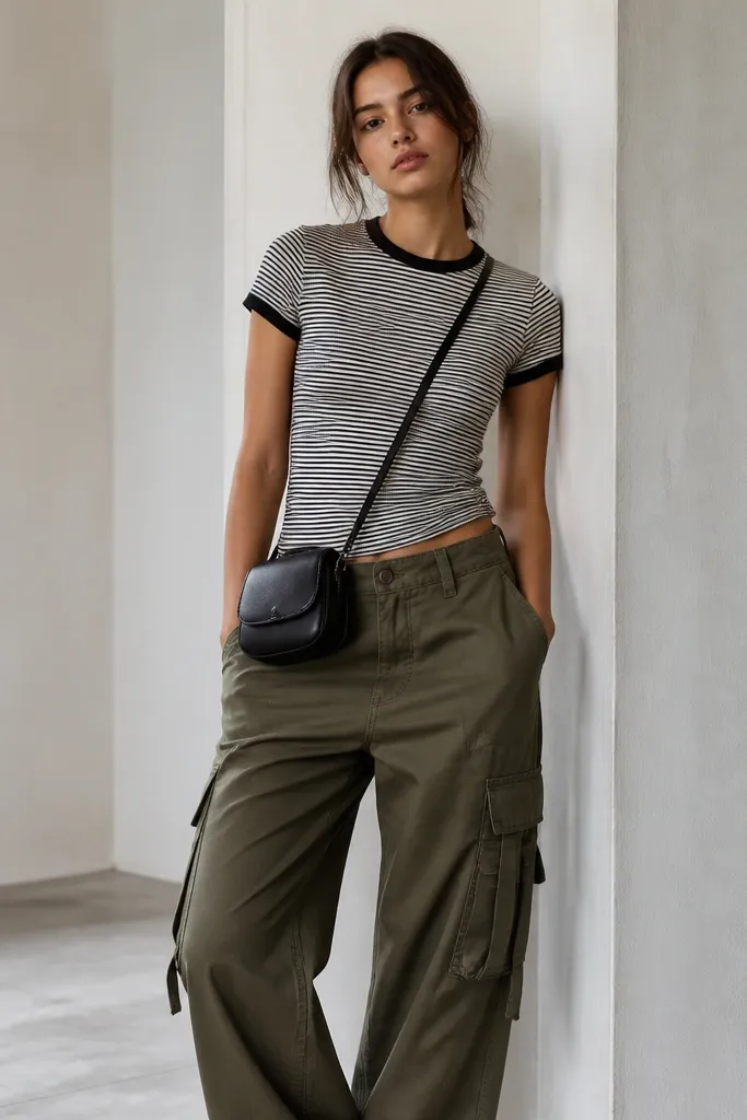 A styling shot: a striped baby tee in black and white, tucked slightly into cargo pants that have visible side tabs and utility pockets. A small crossbody bag sits at the hip with a clean, minimal strap.