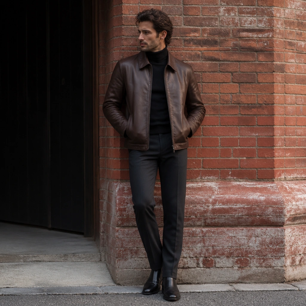 A man in a deep brown leather jacket layered over a black turtleneck, with charcoal straight-leg chinos and black Chelsea boots, photographed outdoors near brick walls.