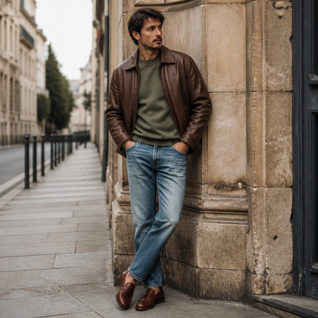 A medium-brown leather jacket worn over an olive green crewneck sweatshirt, with medium-wash jeans and brown leather loafers, posed in a casual street setting.