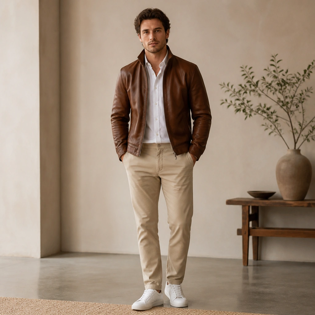 A white button-down shirt under a brown leather jacket, paired with light tan chinos and simple white sneakers, shown front-facing with the jacket zipped halfway.