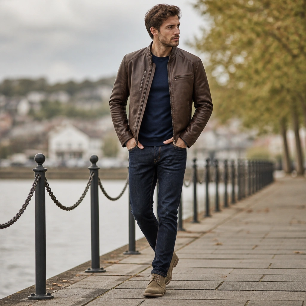 A brown leather jacket layered over a navy crewneck tee, with indigo jeans and suede-like desert boots, photographed outdoors with a soft blur background.